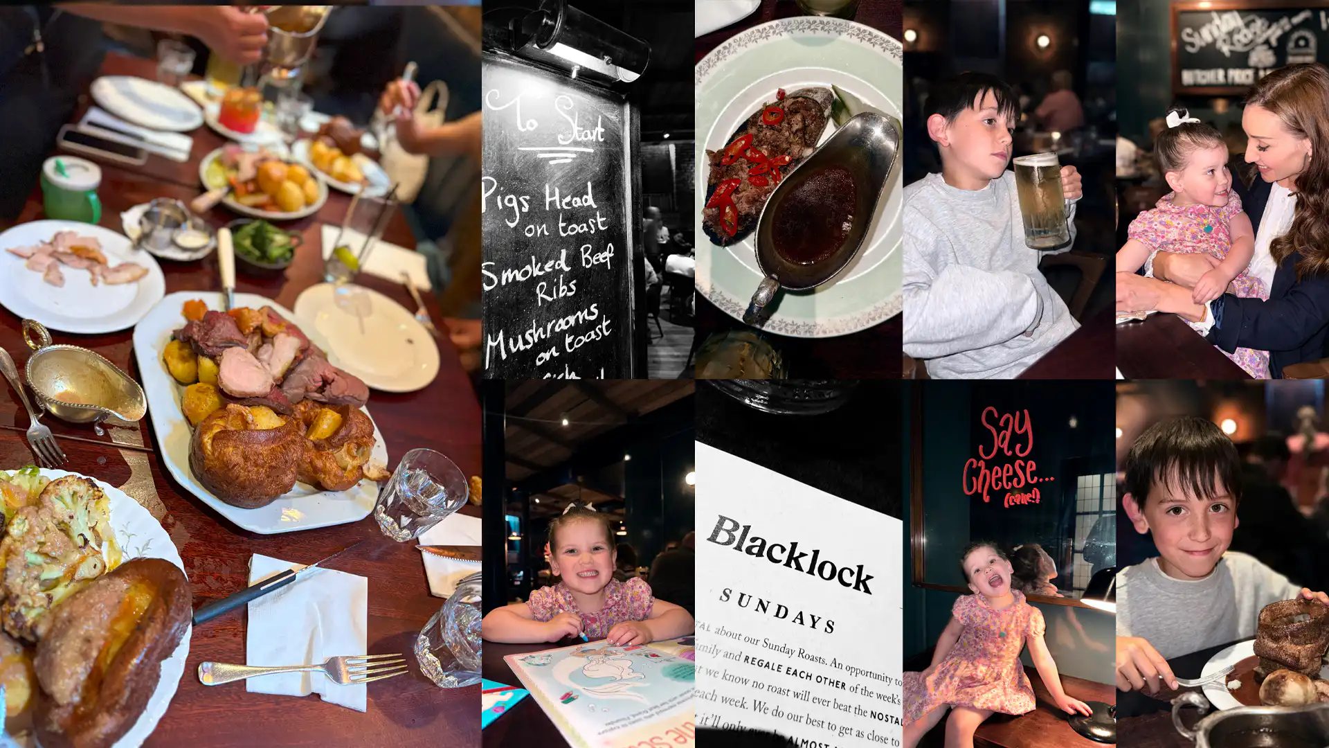 A family of six enjoying their Sunday Roast at Blacklock Manchester, smiling and sharing food at the table