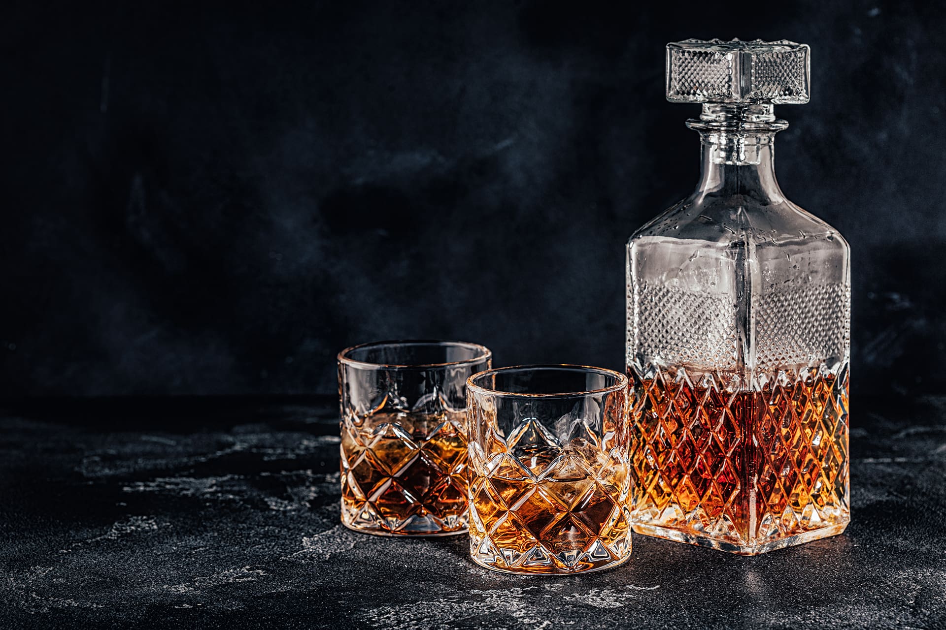 Glasses of the whiskey with a square decanter Limited eduiition whiskeys