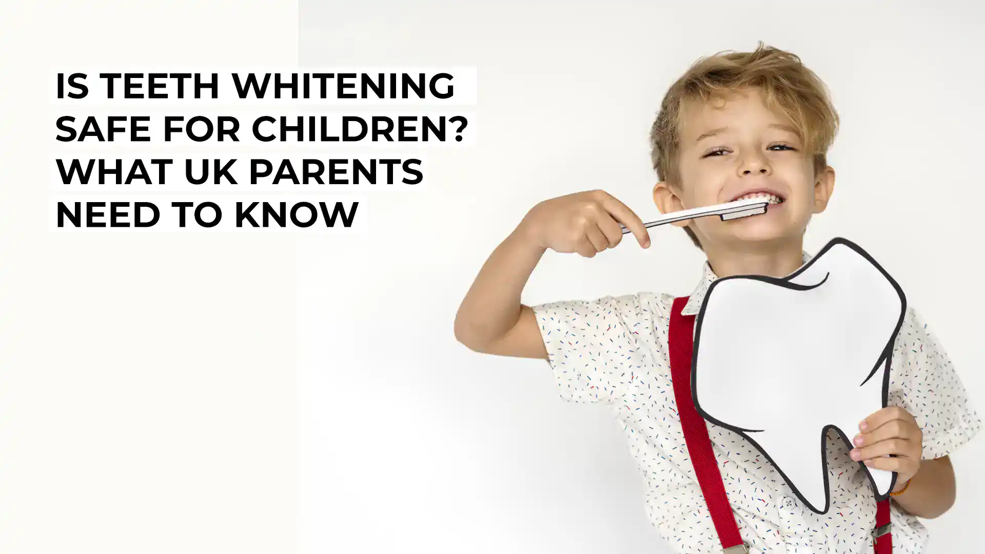 Young boy brushing teeth with a large tooth illustration.