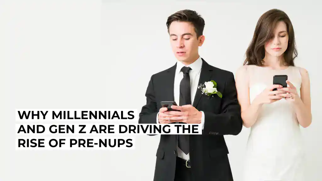 Millennial couple checking phones at social event, dressed formally.