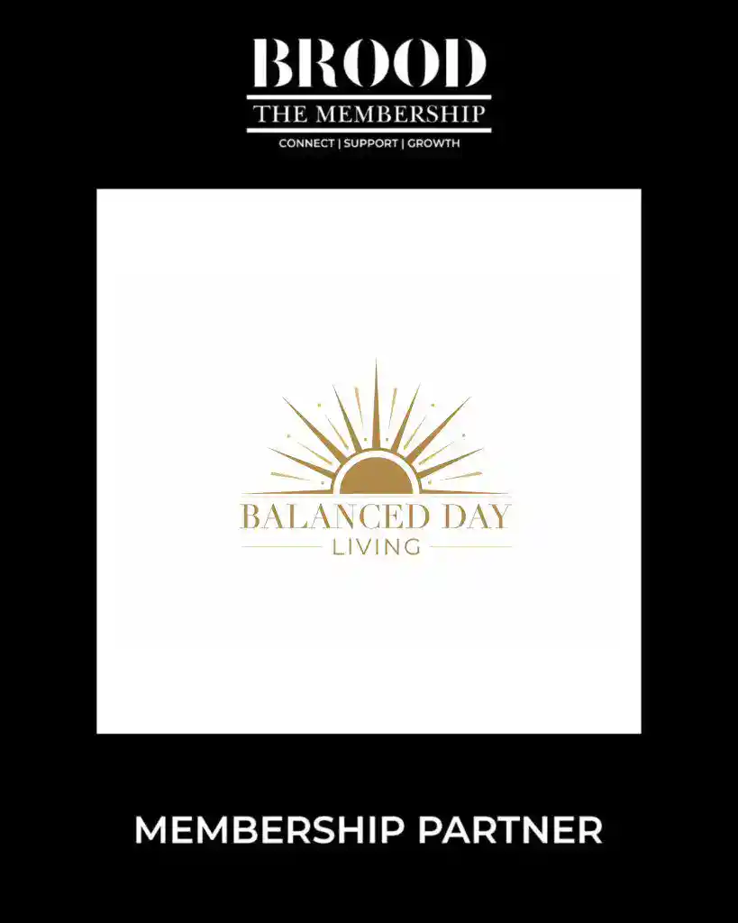 Balanced Day Living logo on Brood Magazine promotional material.