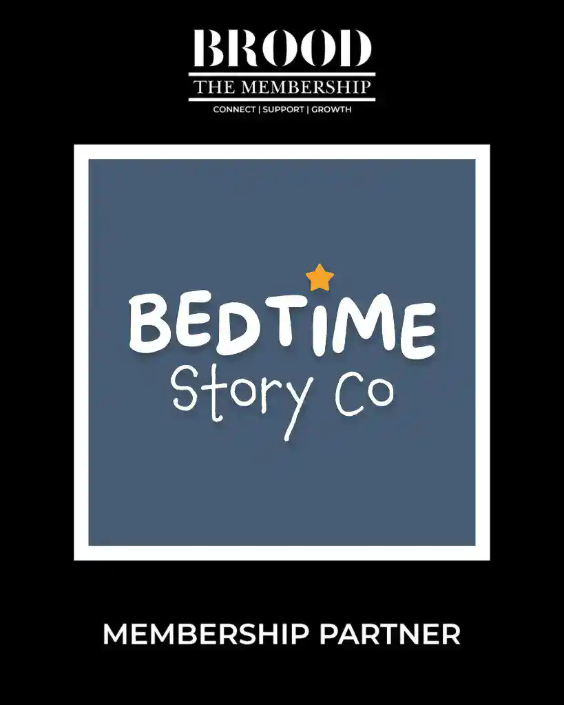 Brood Magazine Bedtime Story Co. partnership logo with star icon.