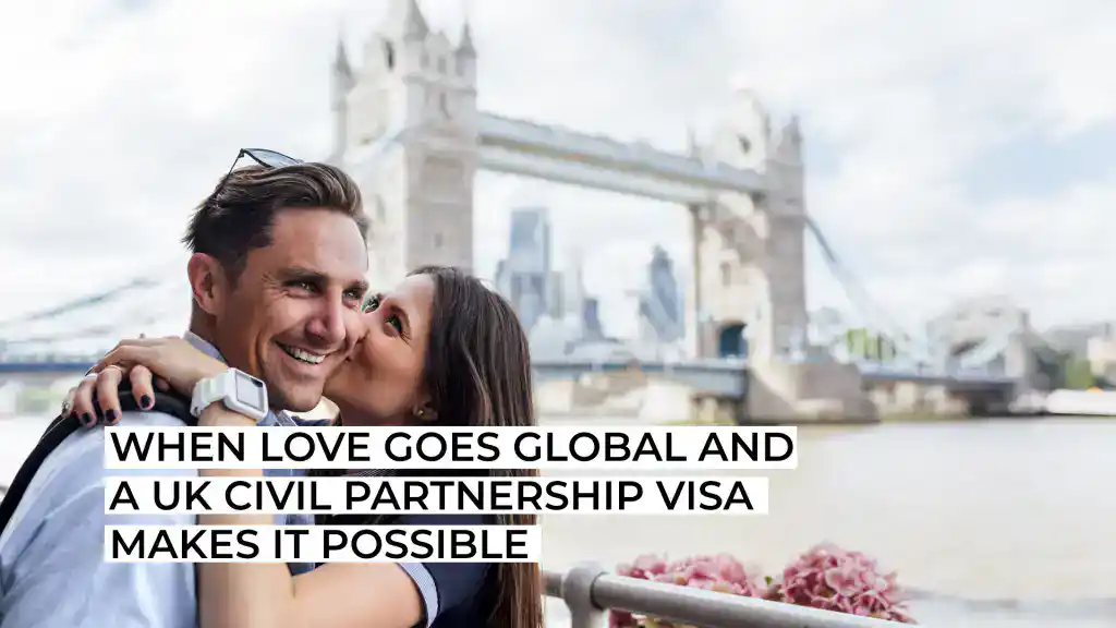 Happy couple in London with Tower Bridge in background.