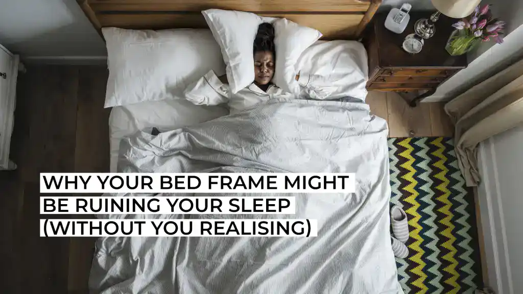 Overhead view of a woman in bed with text about bed frame and sleep.