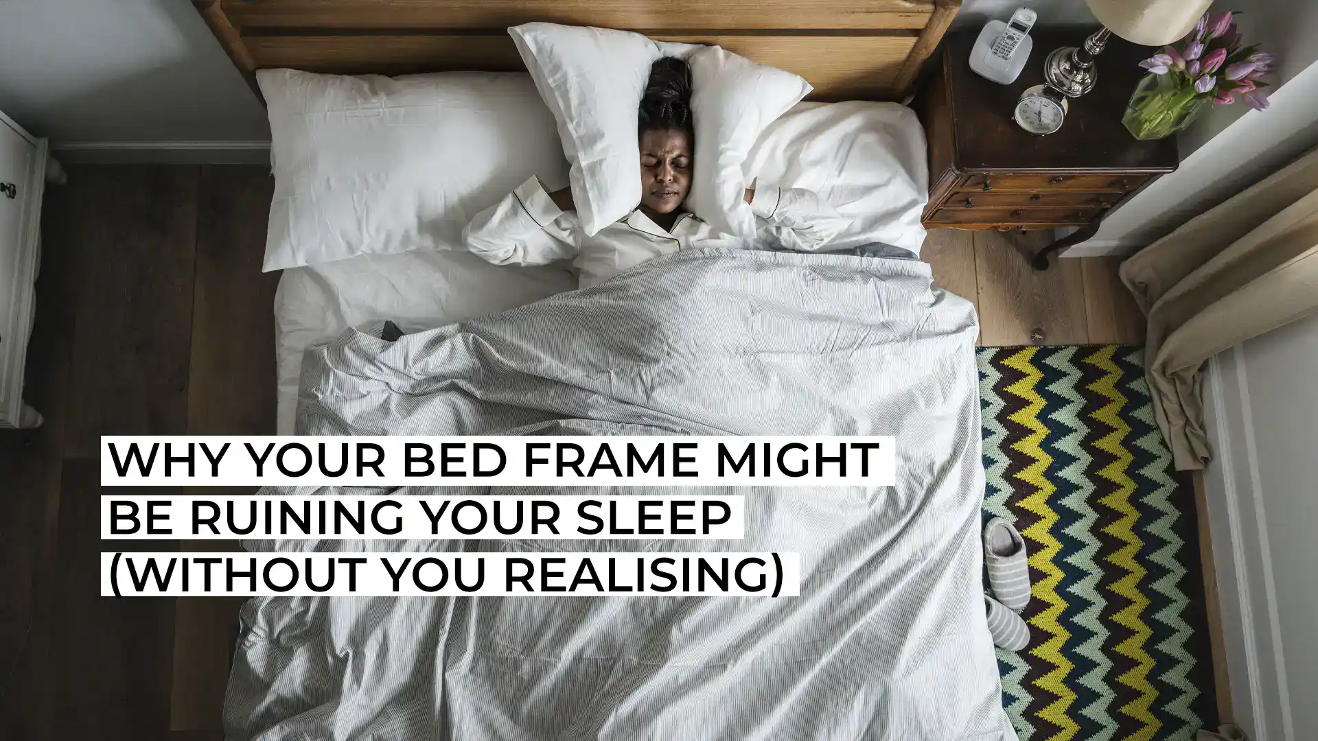 Overhead view of a woman in bed with text about bed frame and sleep.