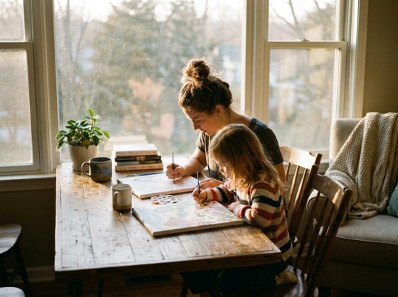 A parent and child paint side by side at a home table
