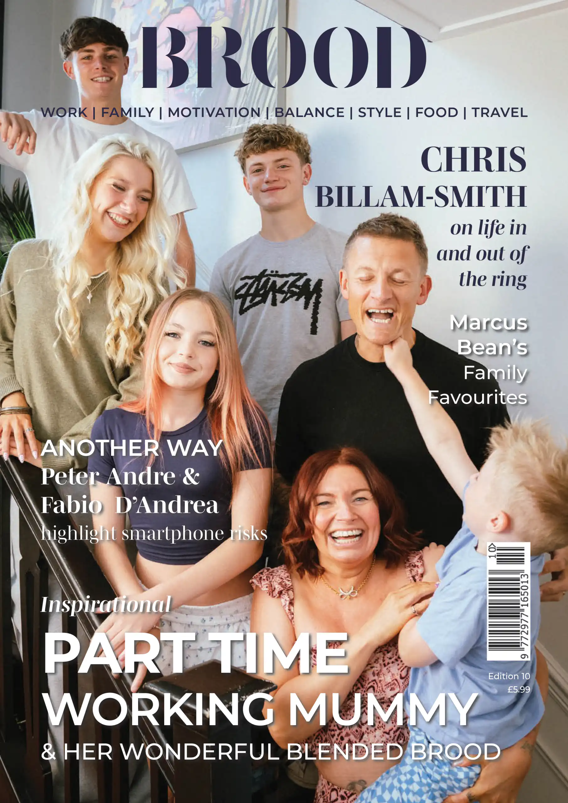 Group of smiling family members posing together on a magazine cover with bold typography reading 'BROOD' and subtitle text overlays.