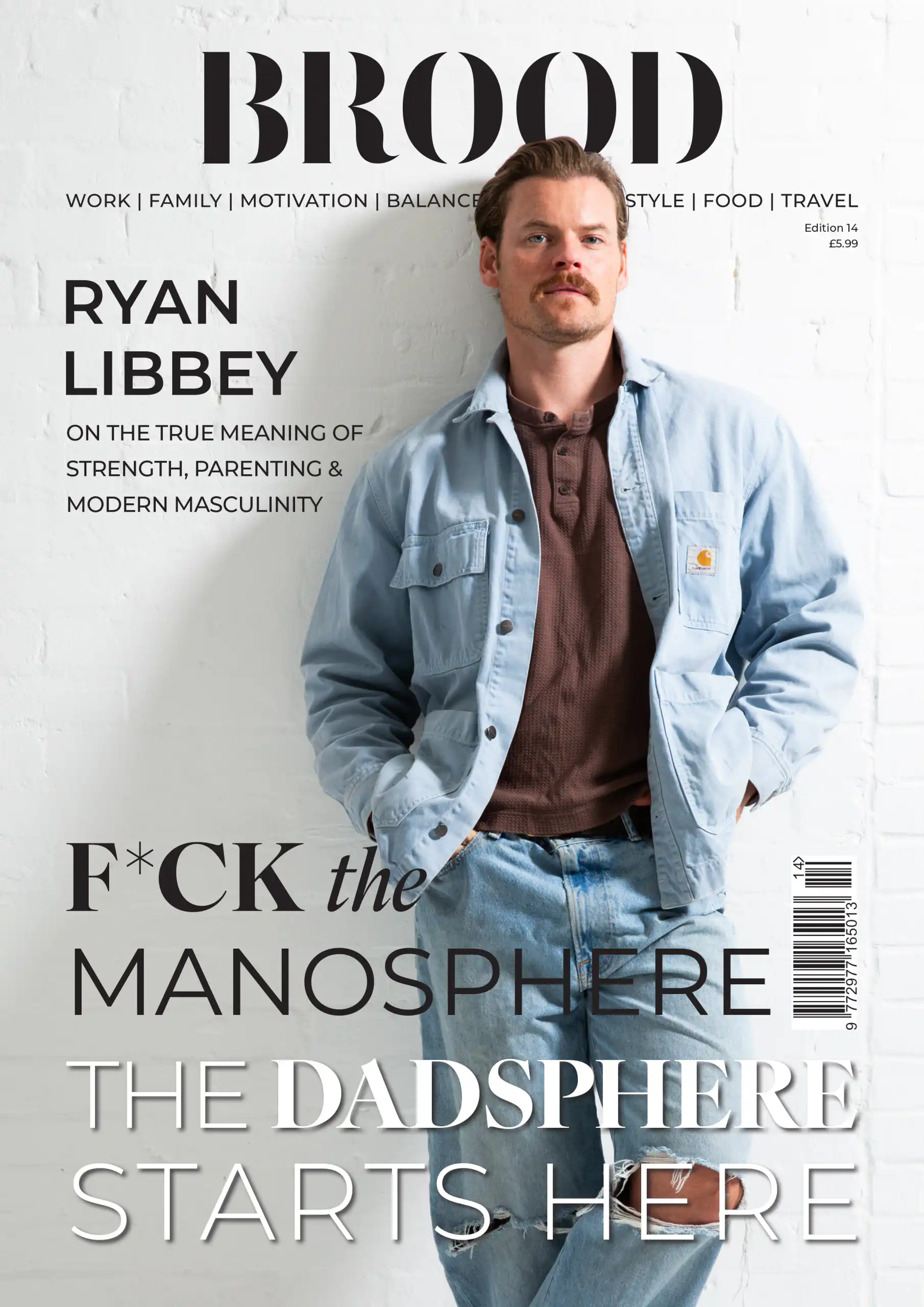 Magazines cover featuring a man in a denim jacket against a white brick wall, with bold text: 'RYAN LIBBEY' and article subtitle nearby