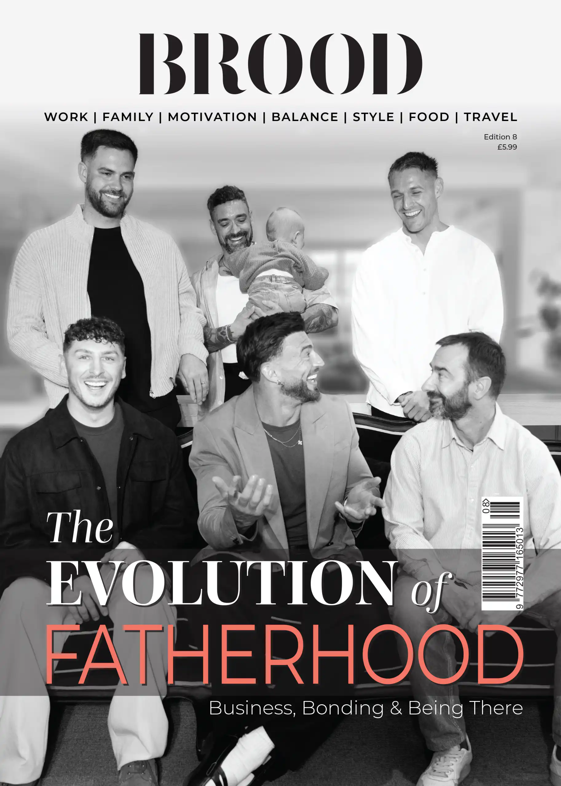 Magazine cover showing a group of smiling men with a baby, grayscale, with title 'The Evolution of Fatherhood' and a barcode on the right.