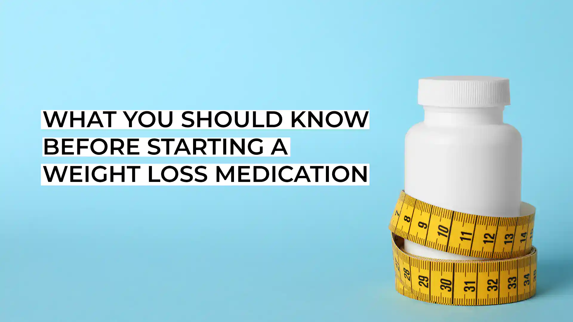 White pill bottle with yellow measuring tape on a blue background.