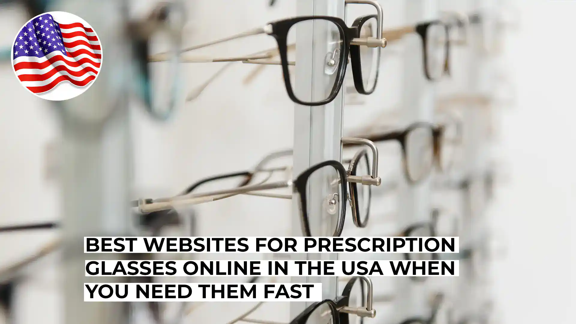 Collection of prescription glasses displayed on a wall.
