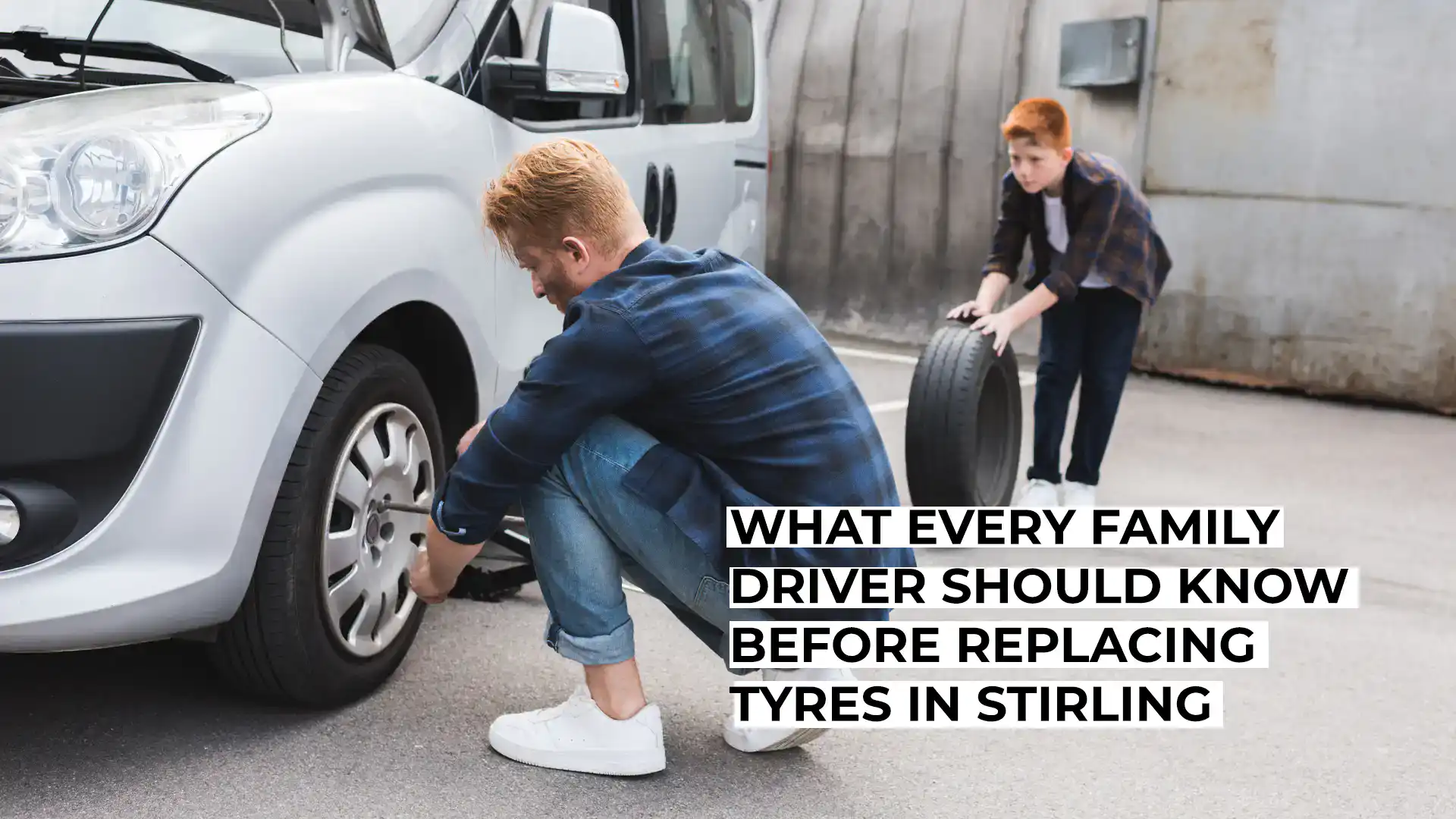 Family replacing tyre on car in Stirling for safe driving.