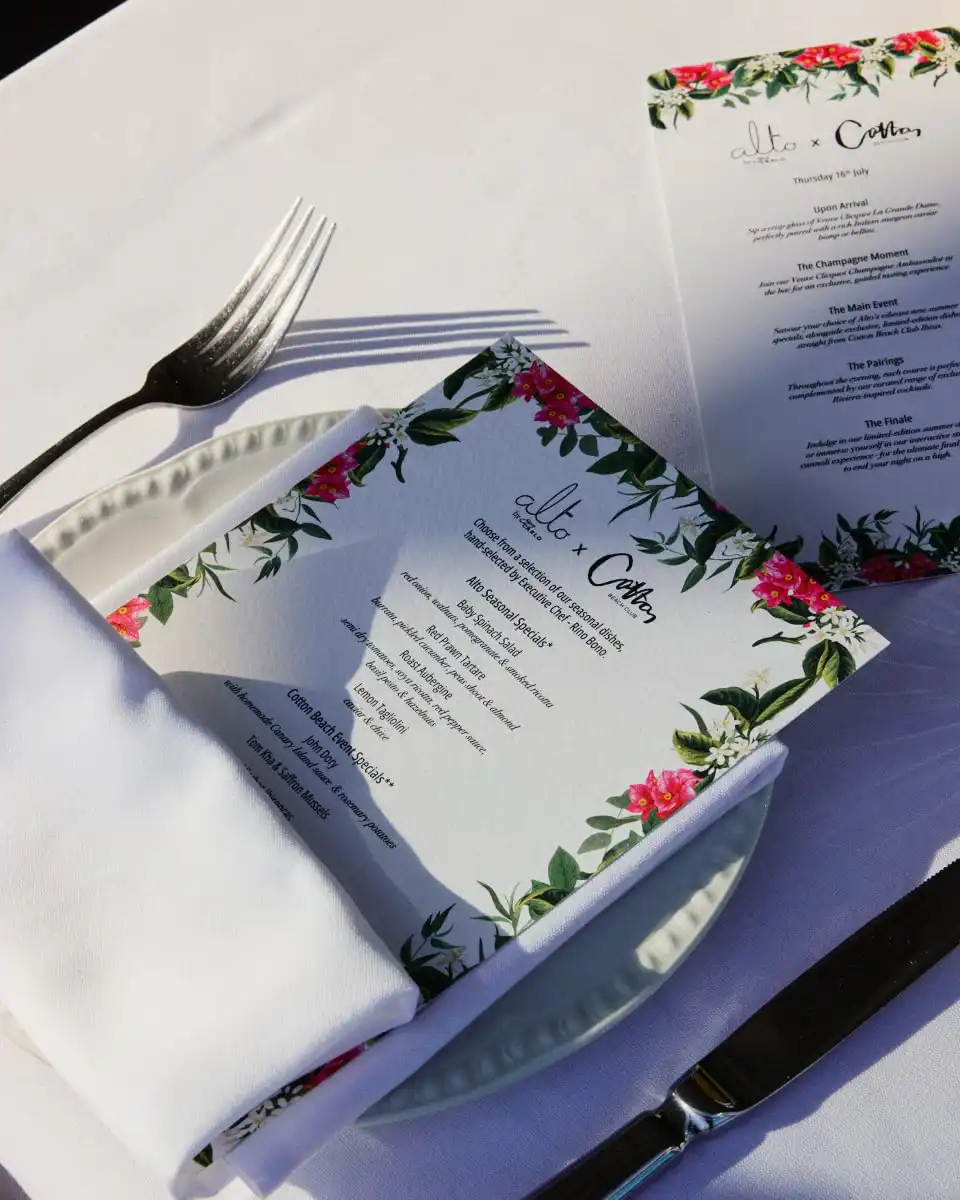 Floral-bordered wedding menu cards placed on a white napkin over a plate with silverware beside them.
