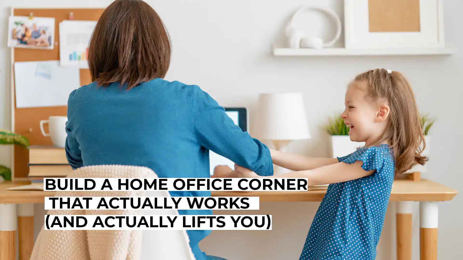 Woman and girl working together at a home office desk.