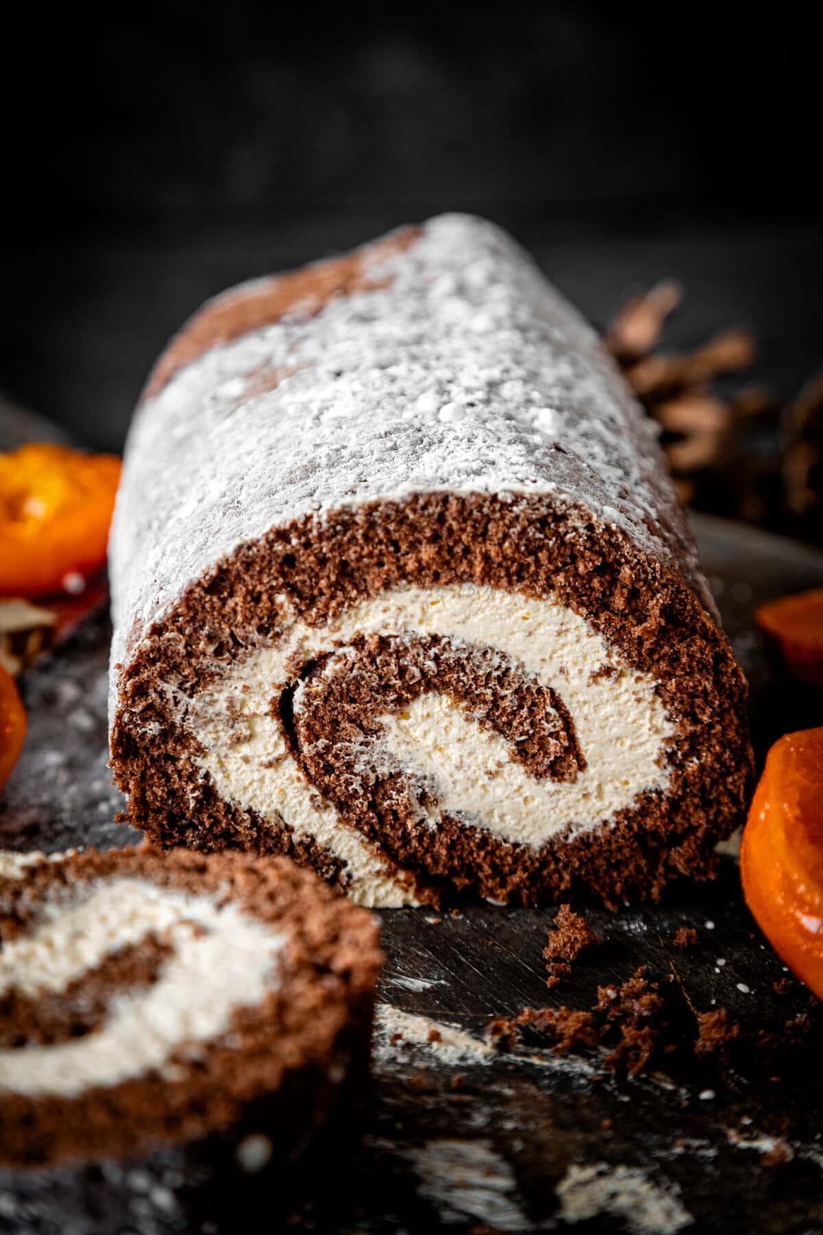 Chocolate and Orange Swiss Roll slice