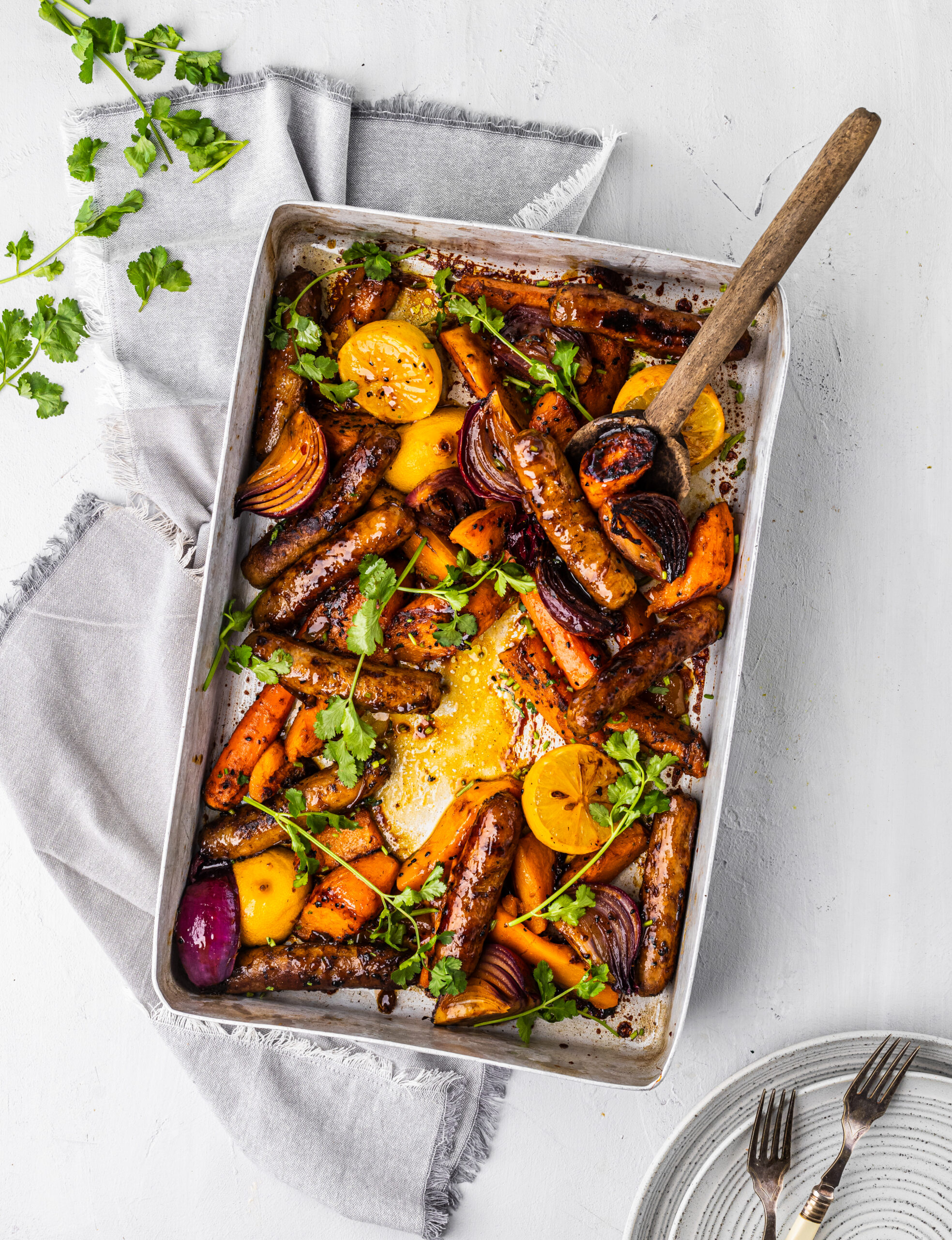 Sausage tray bake with spiced mango chutney