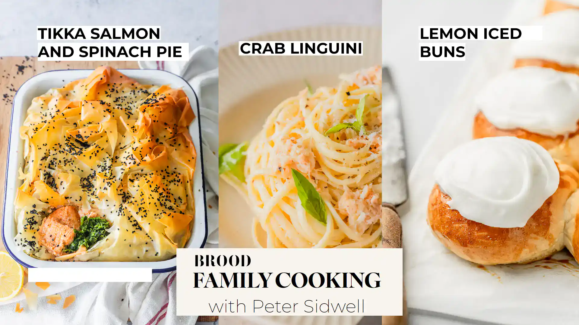Assorted food dishes including salmon and spinach pie, crab linguini, and lemon iced buns.
