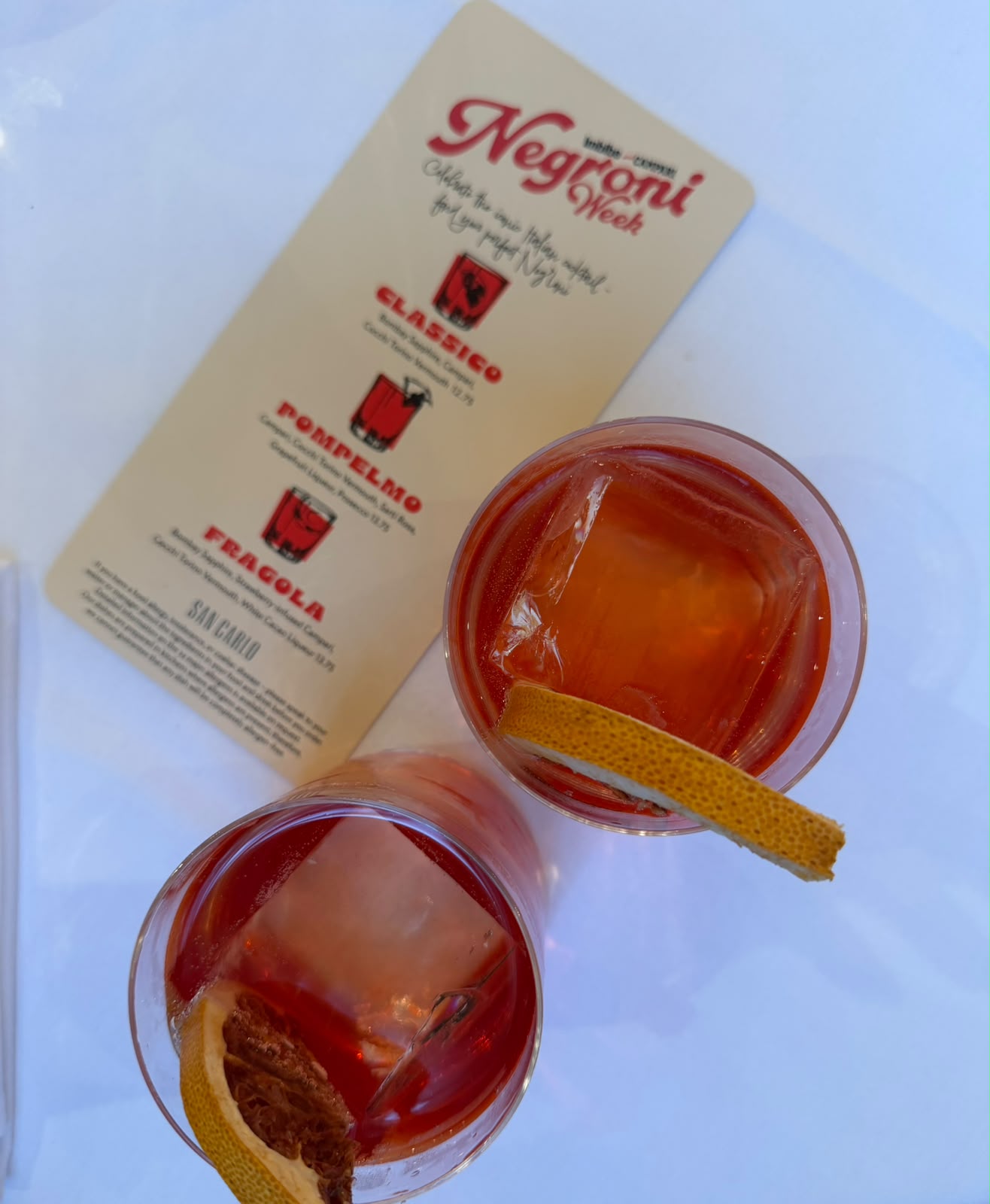 Freshly prepared Negroni cocktail with dried citrus garnish
