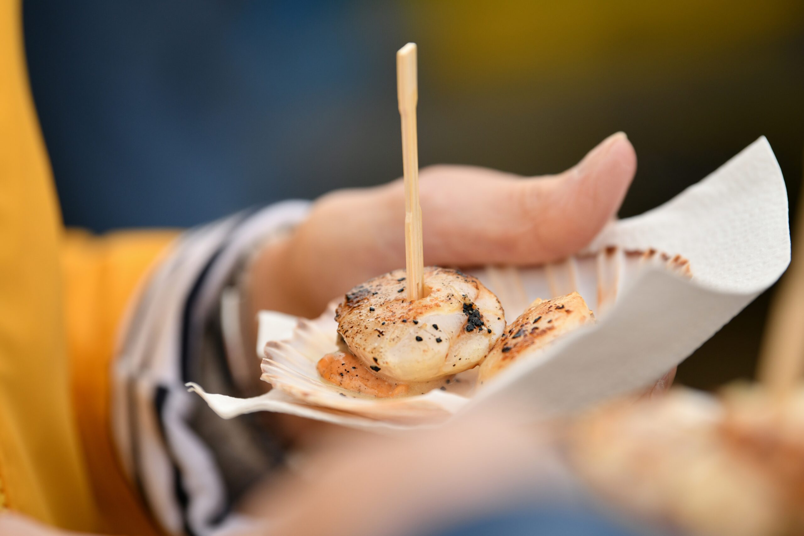 Grilled seafood bites on display