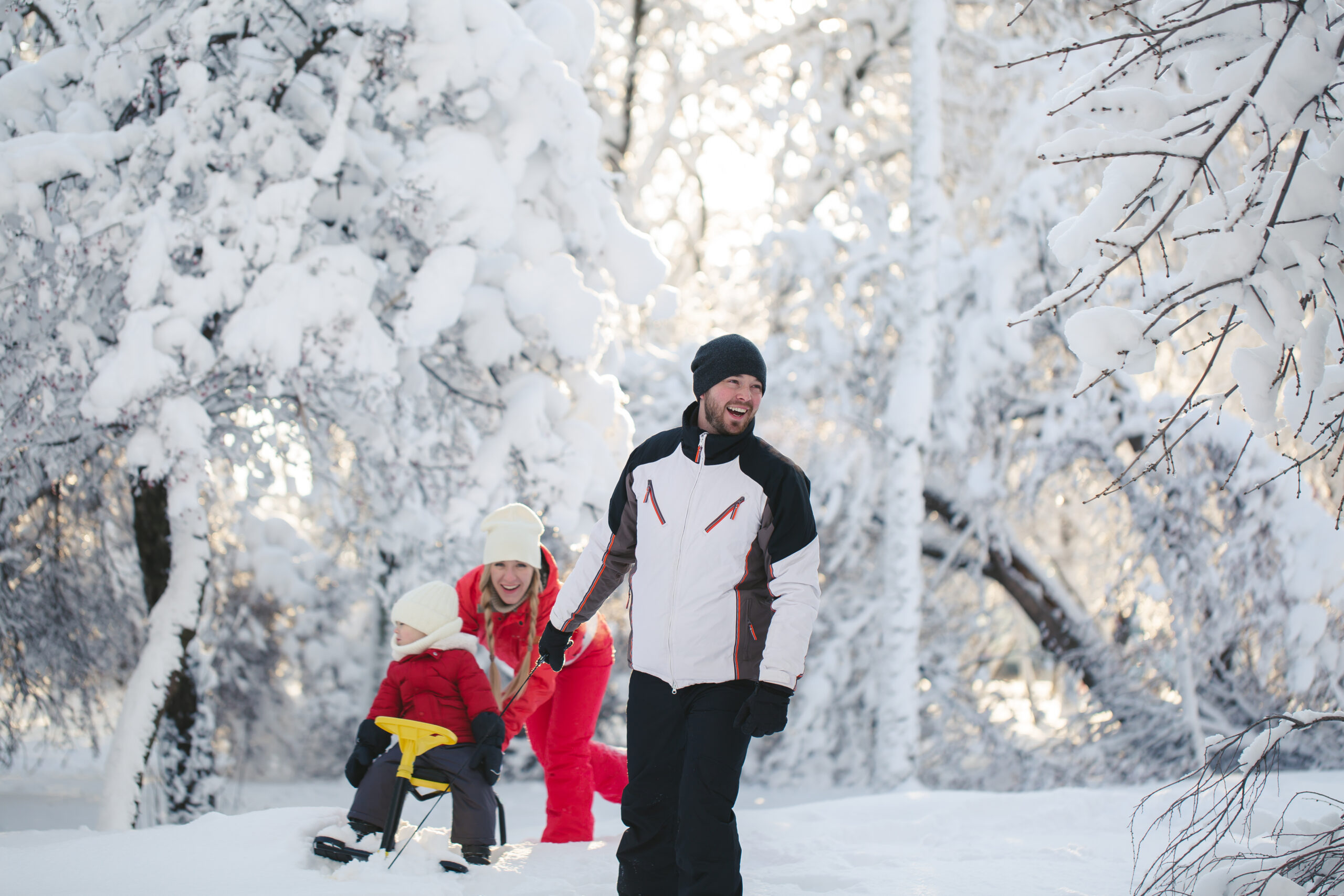Family sledding in snowy winter wonderland